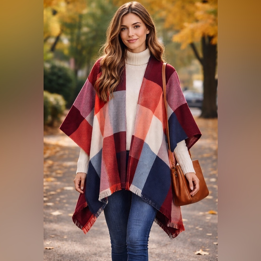 Old Navy Red Plaid Fringe Poncho – One Size